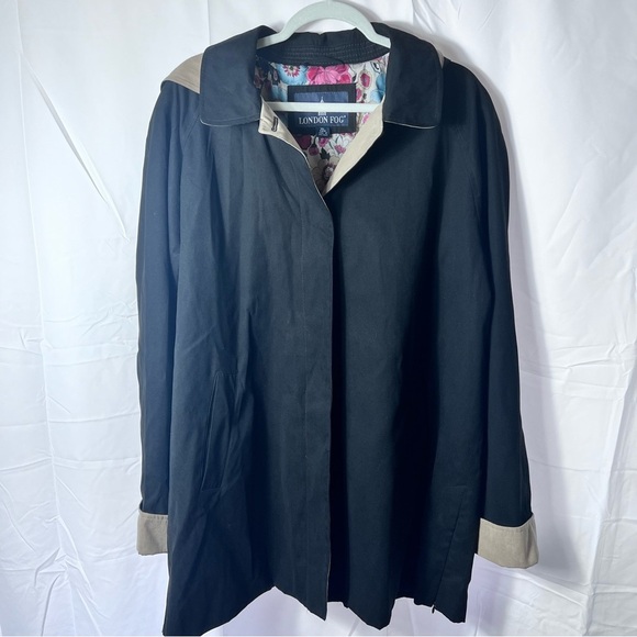 London Fog Black Hooded Trench Coat Floral Lining Women’s XL Rain Jacket - Picture 5 of 15